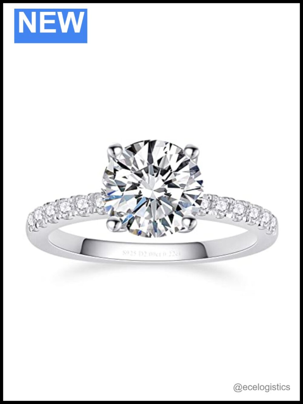 Moissanite Engagement Ring 2CT Round Cut S925 Sterling Silver Plated 18K White